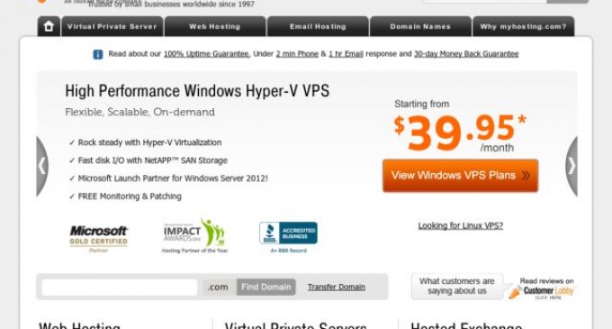 myhosting.com Launches Virtual Server Hosting with IIS 8 for Microsoft Windows Server 2012